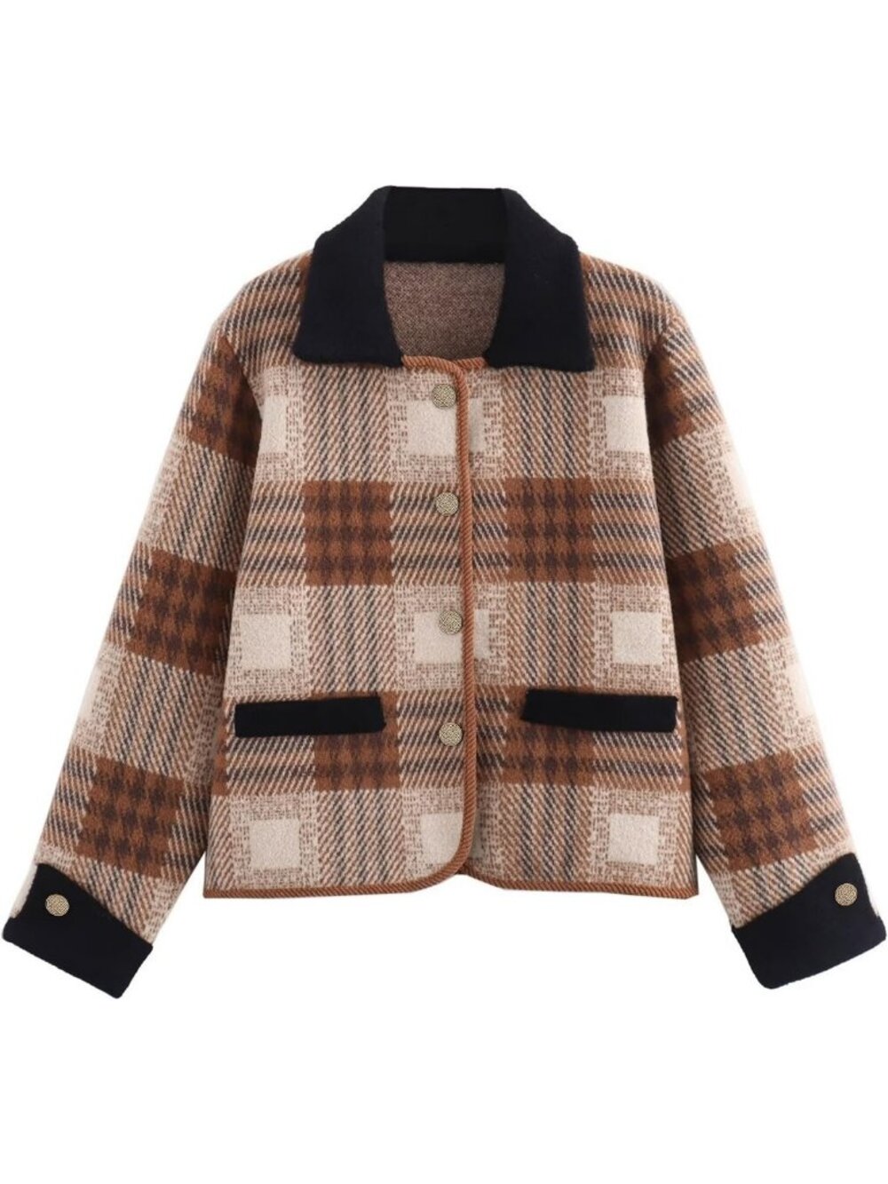 Vintage Plaid Long Sleeve Cardigan Sweater Coat with Pockets - Cozy Knit